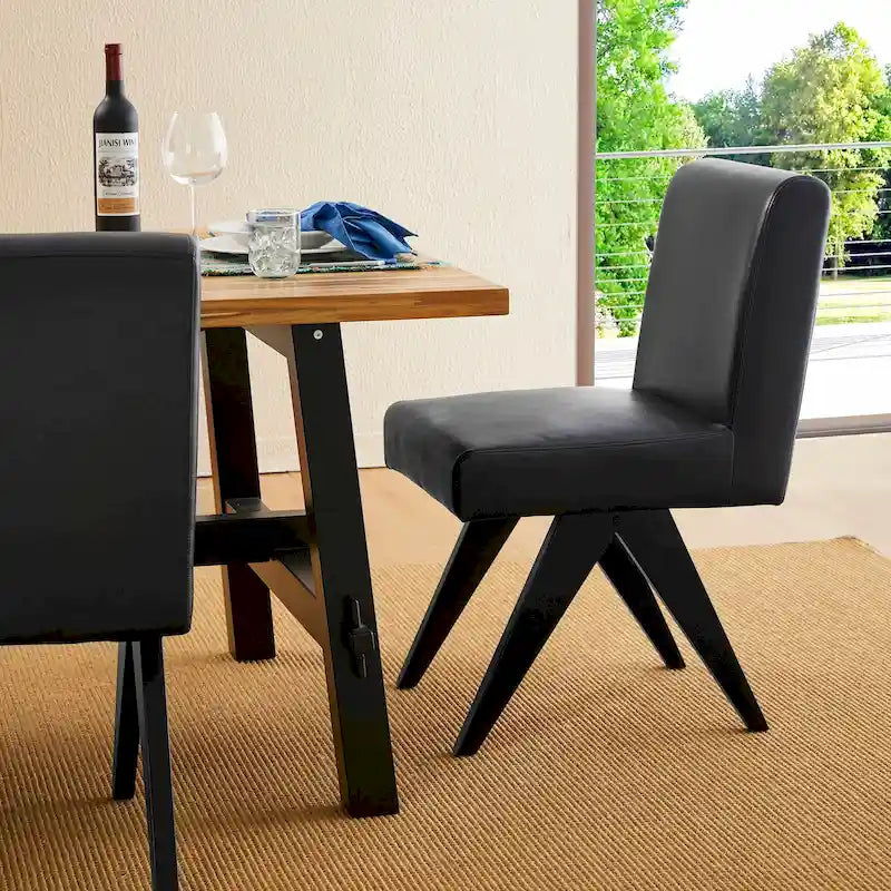 Set of 4 Faux Leather Upholstered Side Dining Chairs with V-Shaped Wood Legs