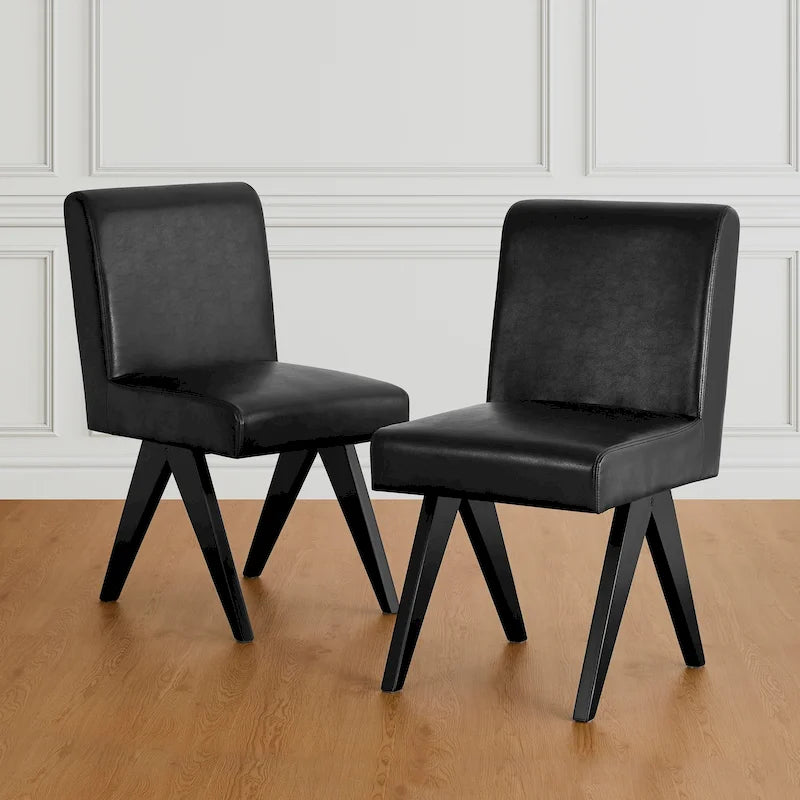 Set of 4 Faux Leather Upholstered Side Dining Chairs with V-Shaped Wood Legs
