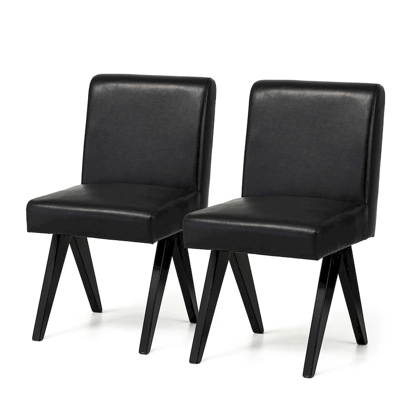 Set of 4 Faux Leather Upholstered Side Dining Chairs with V-Shaped Wood Legs