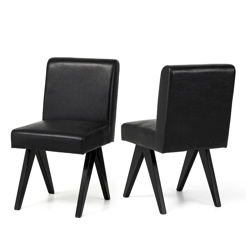 Set of 4 Faux Leather Upholstered Side Dining Chairs with V-Shaped Wood Legs