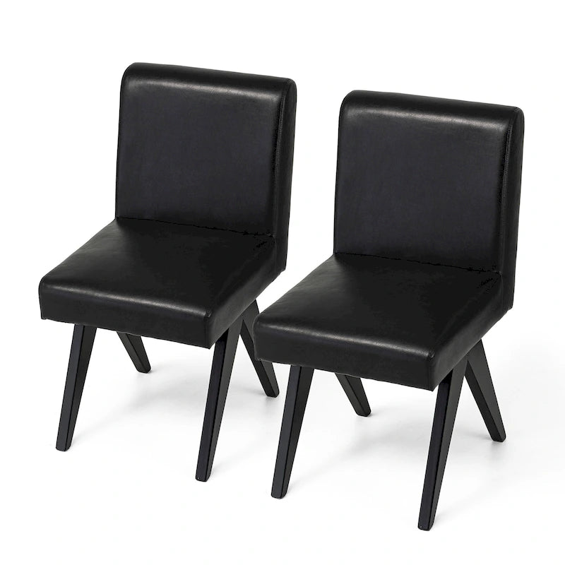 Set of 4 Faux Leather Upholstered Side Dining Chairs with V-Shaped Wood Legs
