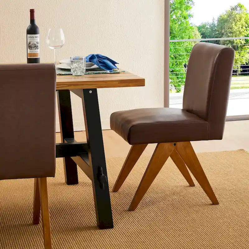 Set of 4 Faux Leather Upholstered Side Dining Chairs with V-Shaped Wood Legs