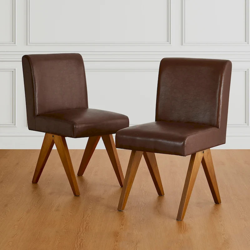 Set of 4 Faux Leather Upholstered Side Dining Chairs with V-Shaped Wood Legs