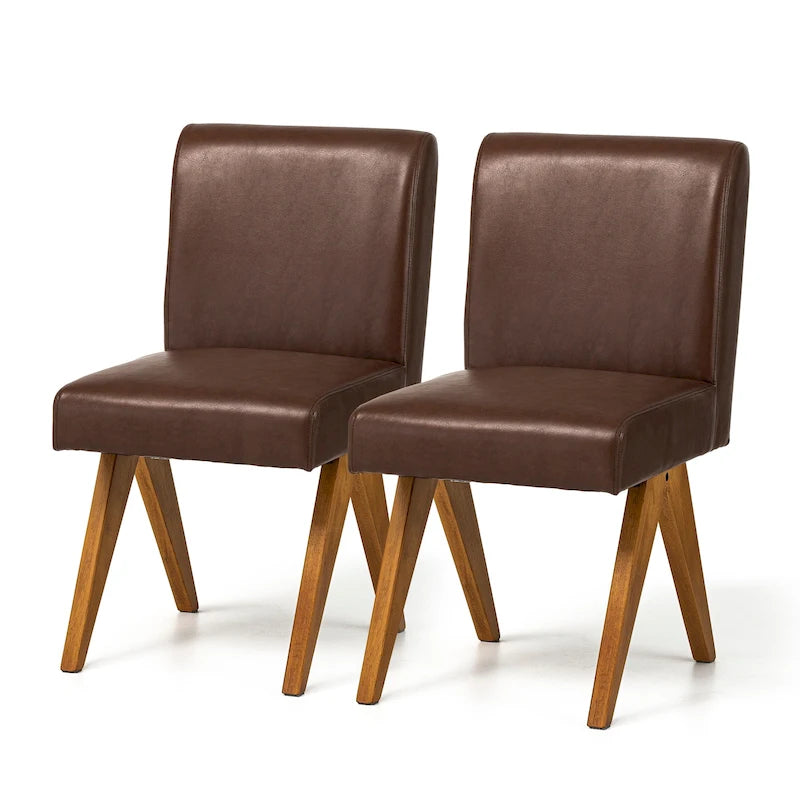 Set of 4 Faux Leather Upholstered Side Dining Chairs with V-Shaped Wood Legs