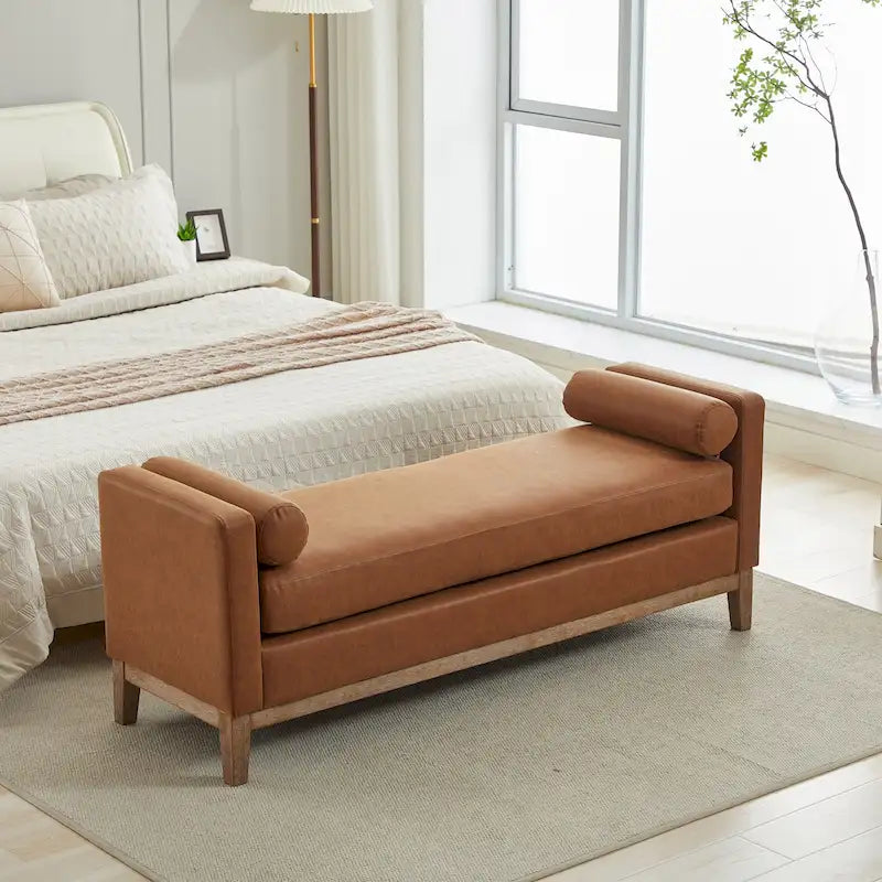 Bedroom Bench with Pillows and Solid Wood Legs for Living Rooms and Entryway
