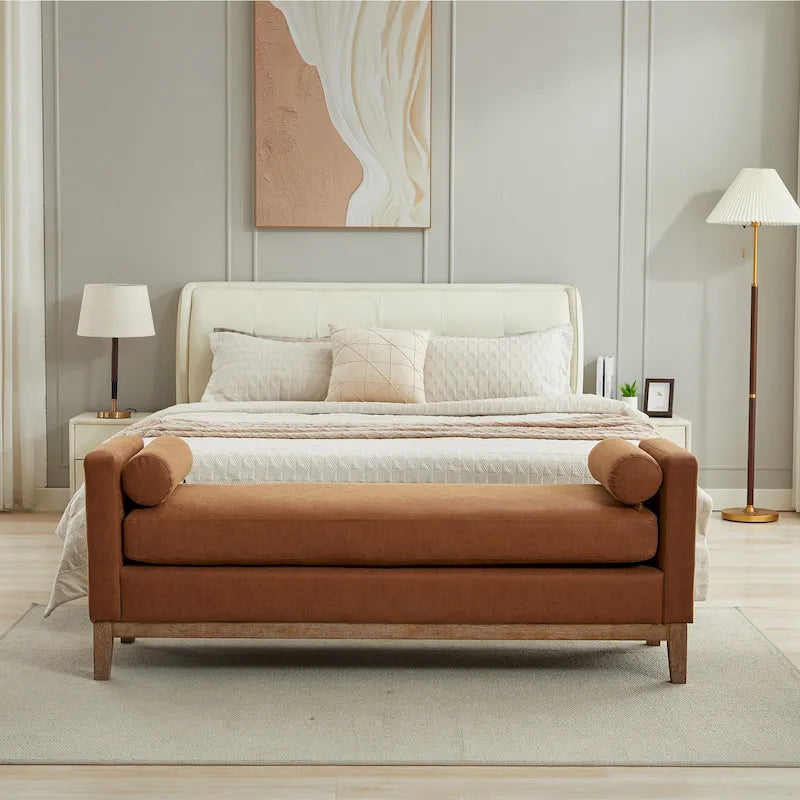 Bedroom Bench with Pillows and Solid Wood Legs for Living Rooms and Entryway