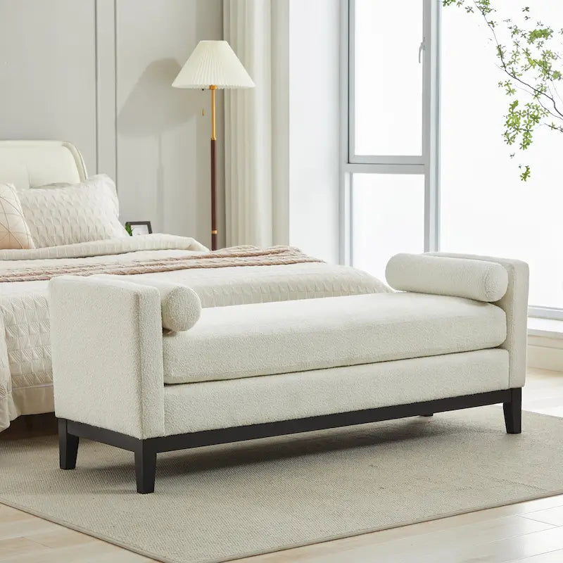 Banc de chambre avec coussins et pieds en bois massif pour le salon et l’entrée