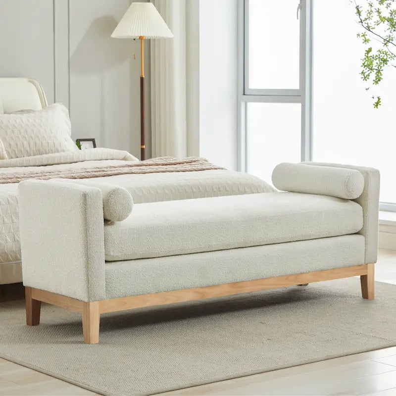 Banc de chambre avec coussins et pieds en bois massif pour le salon et l’entrée