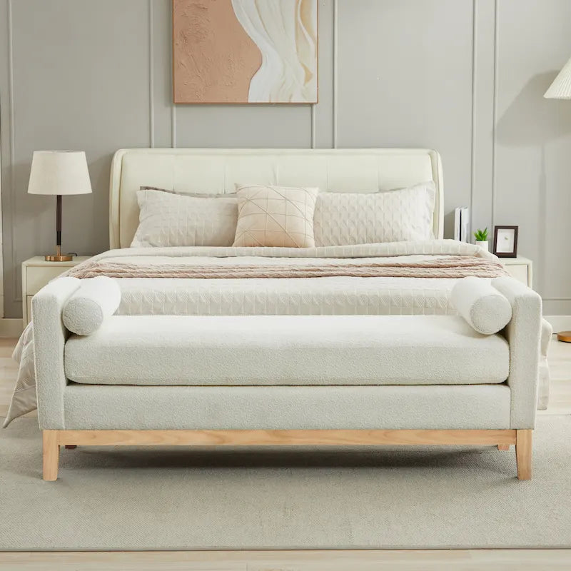 Banc de chambre avec coussins et pieds en bois massif pour le salon et l’entrée